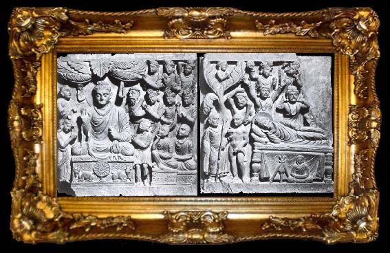 framed  unknow artist Relief from Gandhara with the-first preaching in first preaching in the deer camp-and the death of Buddha, Kushana., ta009-2
